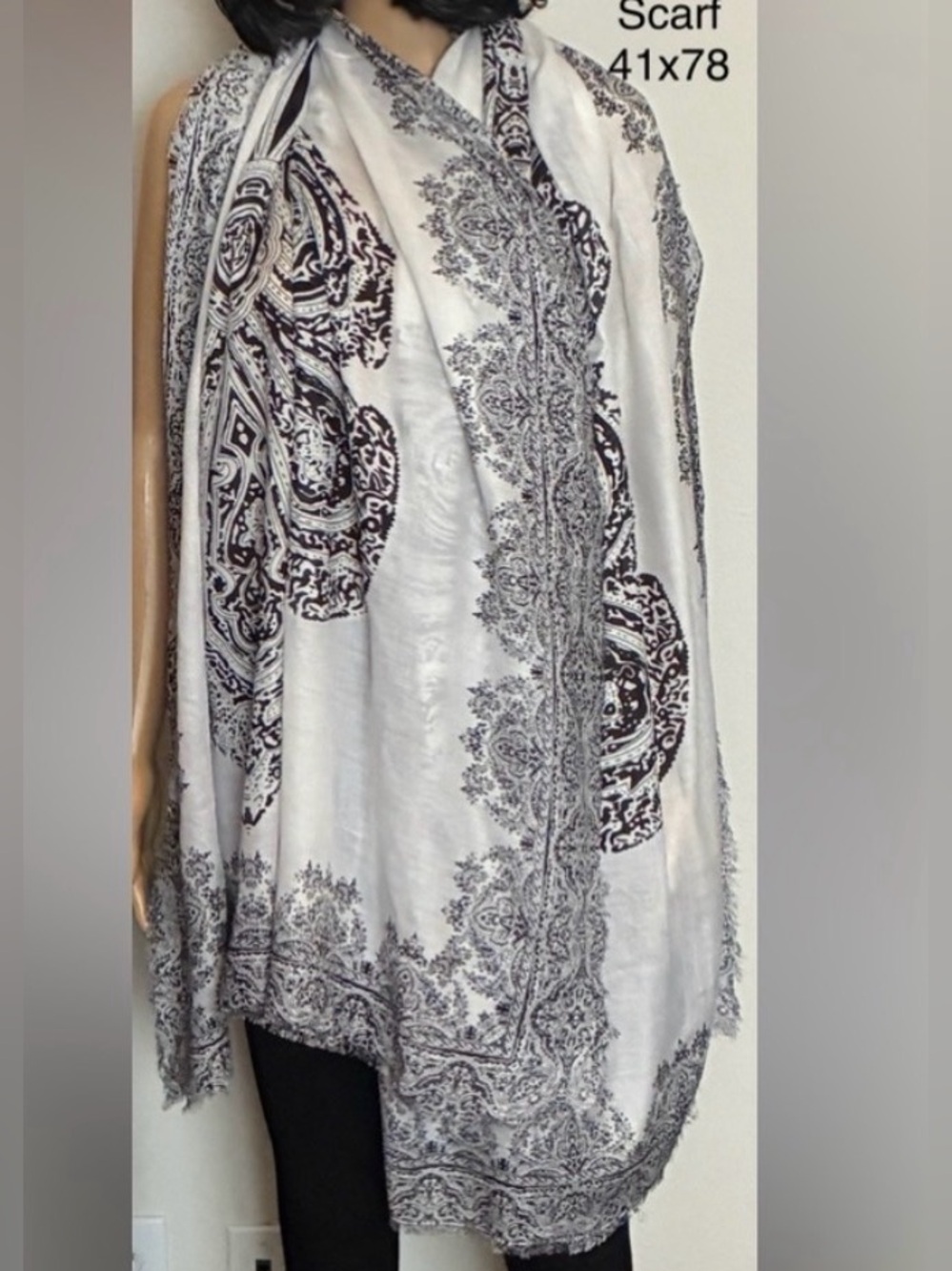 Brazen Black & White Rayon Scarf 41”x78” 100% Rayon Fringe Geo/Floral Print
